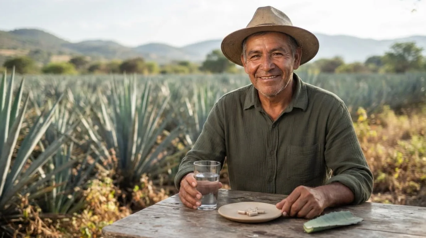 Hombre mexicano en el campo con un vaso de agua: bienestar natural en la vida diaria