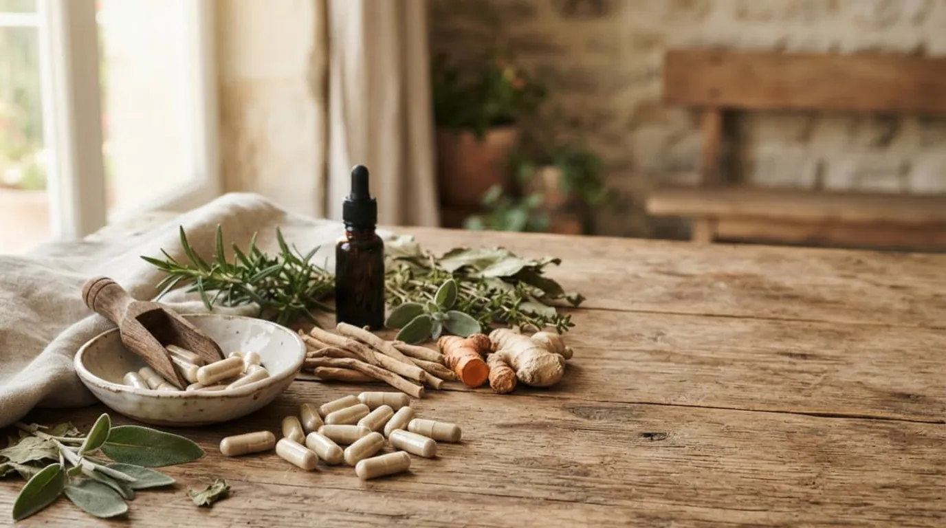 Cápsulas de origen vegetal junto a raíces y hierbas secas sobre una mesa de madera